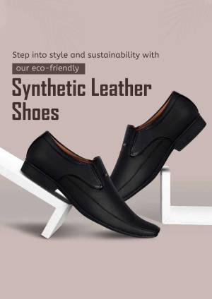 Black synthetic leather shoes on a white platform with text promoting eco-friendliness.