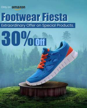 Blue running shoe on a pedestal with a 30% off promotion for Amazon Footwear Fiesta.