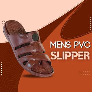 Close-up of a brown men's PVC slipper on a gradient background with text 'Mens PVC Slipper'