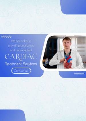 Doctor holding a human heart model, promoting cardiac treatment services.