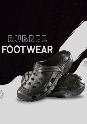 Close-up of black rubber clogs with a modern design.