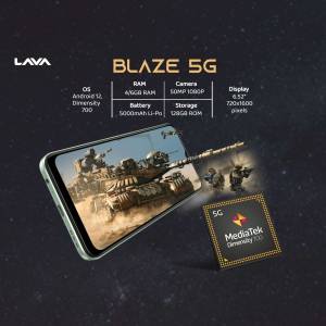 Lava Blaze 5G smartphone showcasing gaming capabilities with a tank scene on the display.