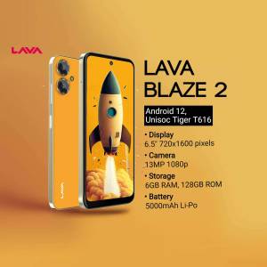 Lava Blaze 2 Android smartphone with a rocket ship graphic on the screen