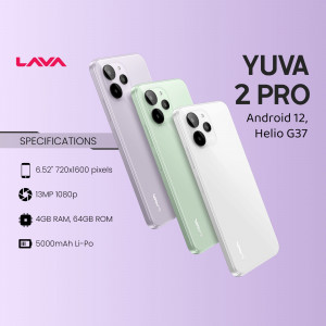Lava Yuva 2 Pro smartphone in three colors - white, lavender, and green