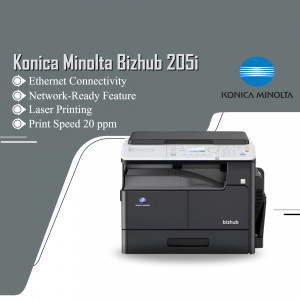 Konica Minolta Bizhub 205i monochrome laser printer with Ethernet connectivity