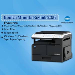 Konica Minolta Bizhub 225i monochrome laser printer with features listed