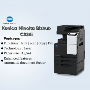 Konica Minolta Bizhub C226i color laser printer with features listed