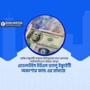 Image promoting Edelweiss Mutual Fund's US Equity Fund with US dollar bills and building skyline.