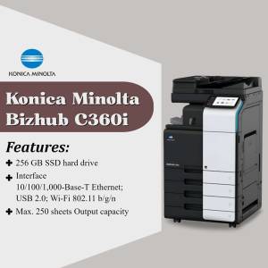 Konica Minolta Bizhub C360i color multifunction printer with key features listed.