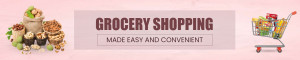 Image of grocery items stacked like people and a shopping cart