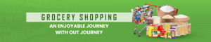 Image depicting grocery shopping with a full shopping cart and various food items.