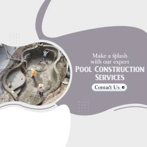 Pool construction in progress with workers and concrete forms