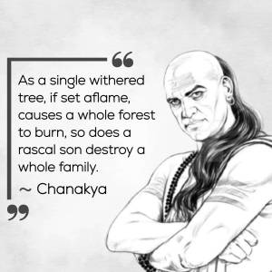 Illustration of Chanakya with a quote about the destructive nature of a bad influence.