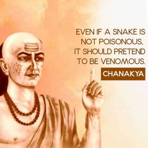 Illustration of Chanakya with a motivational quote about appearing strong.