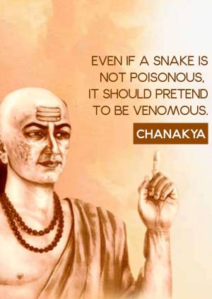 Portrait of Chanakya with a motivational quote about appearing venomous.