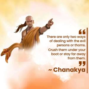 Illustration of Chanakya with a motivational quote about handling evil.