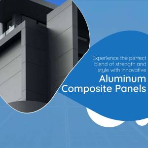 Modern building exterior featuring aluminum composite panels with a blue abstract design.