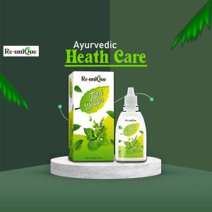 Re-unique Tulsi Drops and Ayurvedic Health Care product packaging on a white platform.