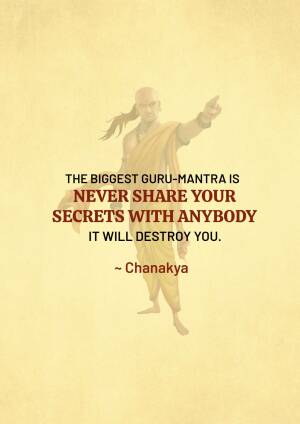 Image of Chanakya with a quote about keeping secrets.