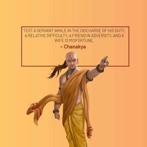 Illustration of Chanakya with a quote about testing a servant's loyalty.