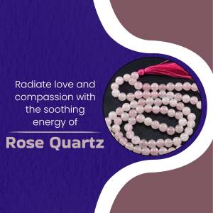 Rose Quartz Mala beads with text 'Radiate love and compassion with the soothing energy of Rose Quartz'