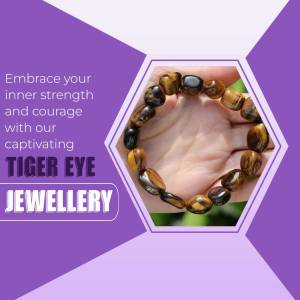 Close-up of a Tiger Eye bracelet on a hand with text promoting inner strength and courage.
