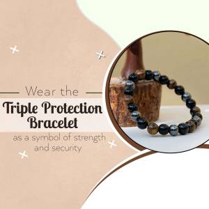 Close-up of a black and brown beaded bracelet with text promoting 'Triple Protection'