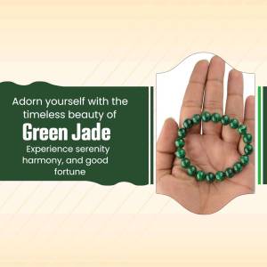 A hand displaying a green jade bracelet against a gradient background.