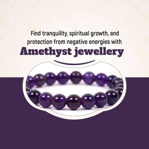 Close-up of an amethyst beaded bracelet with text promoting its benefits.