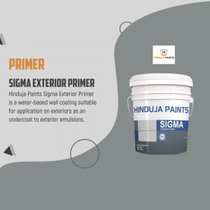 Hinduja Paints Sigma Exterior Primer bucket with product details