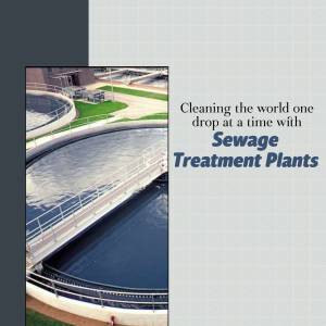 Aerial view of a sewage treatment plant with text overlay.