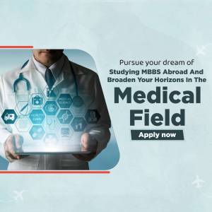 Doctor holding a tablet with medical icons and text promoting MBBS studies abroad.