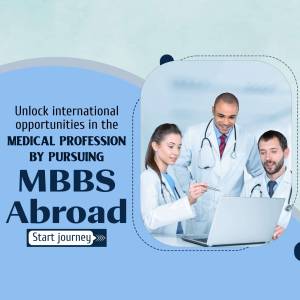 Three medical professionals looking at a laptop with text promoting MBBS studies abroad.