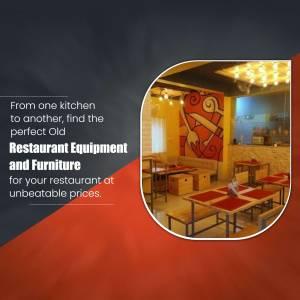 Interior view of a restaurant with text advertising restaurant equipment and furniture.