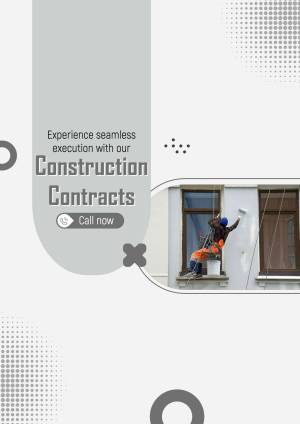 Construction worker painting a building facade with text promoting construction contracts.