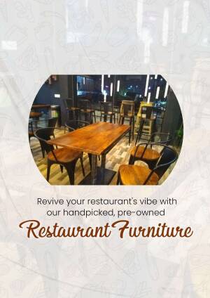 Interior of a restaurant with wooden tables and chairs, promoting pre-owned furniture.