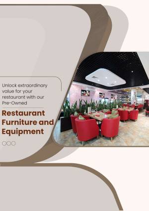 Interior view of a modern restaurant with red seating and a promotional text for pre-owned furniture.