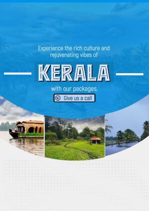 Kerala travel advertisement with images of backwaters, tea plantations, and beaches.
