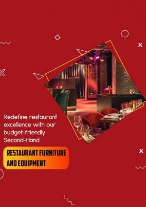 Restaurant interior with furniture and text promoting budget-friendly equipment.