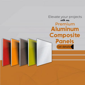 Assortment of colored aluminum composite panels with text promoting premium quality.