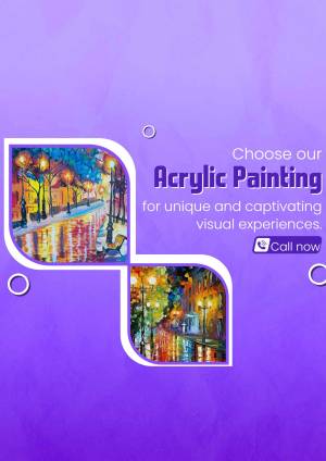 Advertisement for acrylic paintings featuring a vibrant cityscape scene.