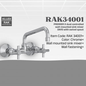 Chrome wall-mounted sink mixer with dual controls - RAK34001