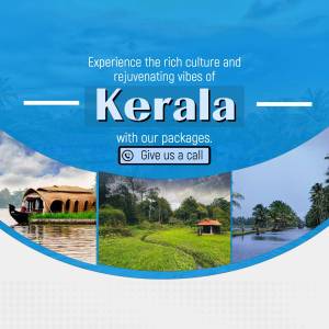 Kerala Tourism Advertisement with images of backwaters, landscapes and text promoting travel packages.