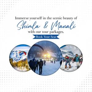 Image promoting tour packages to Shimla and Manali, featuring snowy landscapes and adventure activities.