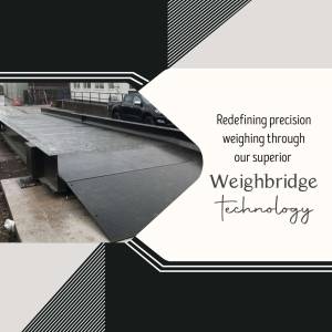 Image of a weighbridge with text overlay promoting precision weighing technology.