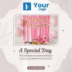 Pink and white birthday backdrop with balloons and decorations