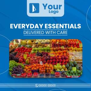 Image of a vibrant display of fresh fruits and vegetables with text 'Everyday Essentials Delivered with Care'