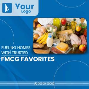 Image of a variety of groceries including fruits, vegetables, meat, and packaged goods, promoting FMCG products.