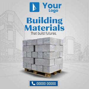 Stack of concrete blocks on a pallet with building plans in the background and a company logo.