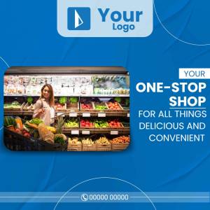 Image of a grocery store with a woman shopping, promoting a one-stop shop for delicious and convenient food.